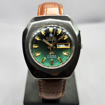 Vintage Ricoh R31 Automatic Green Face New Strap 21 Jewels Day-Date Men's Wrist Watch R61