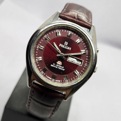 Vintage Ricoh R31 Automatic Red Face New Strap 21 Jewels Day-Date Men's Wrist Watch R62