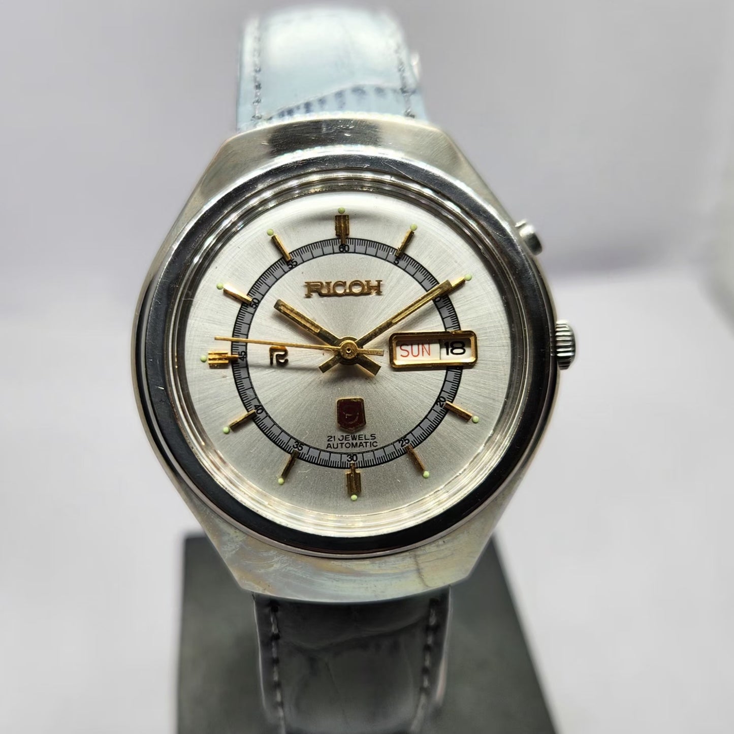 Vintage Ricoh R31 Automatic Green Face New Strap 21 Jewels Day-Date Men's Wrist Watch R63