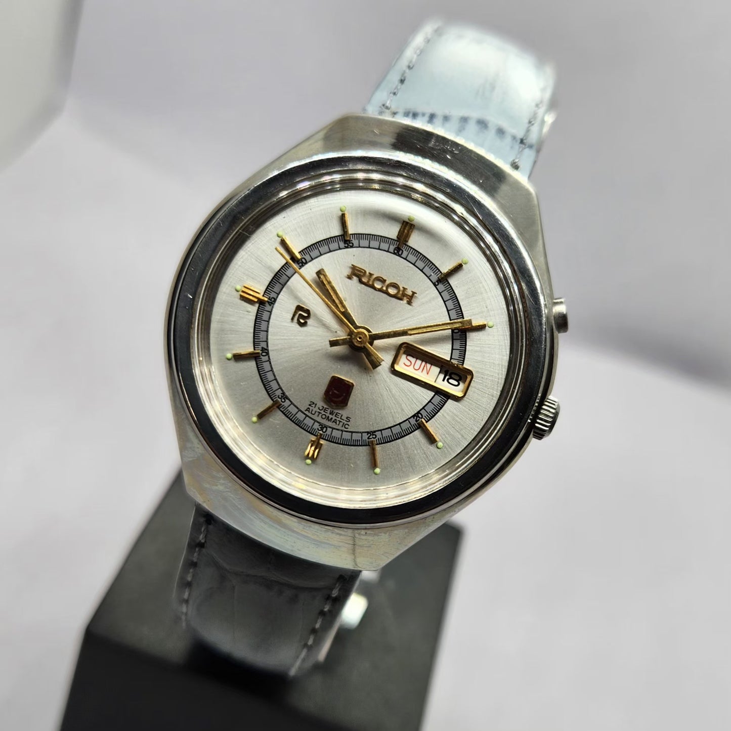 Vintage Ricoh R31 Automatic Green Face New Strap 21 Jewels Day-Date Men's Wrist Watch R63