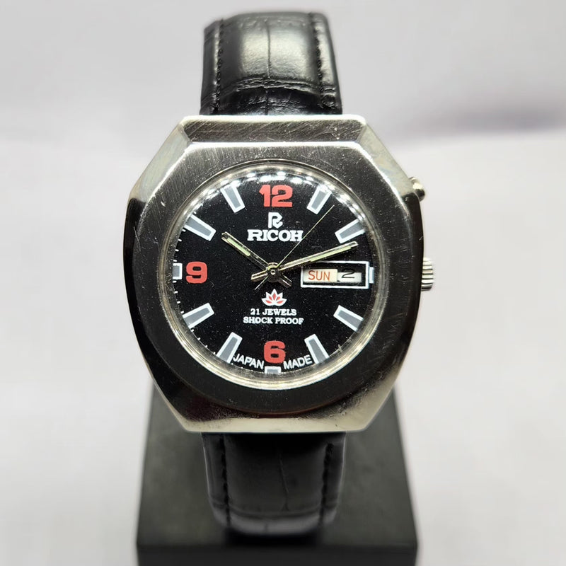 Vintage Ricoh R31 Automatic Black Face New Strap 21 Jewels Day-Date Men's Wrist Watch R64