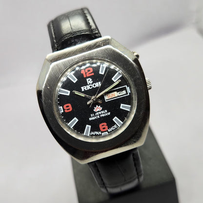 Vintage Ricoh R31 Automatic Black Face New Strap 21 Jewels Day-Date Men's Wrist Watch R64