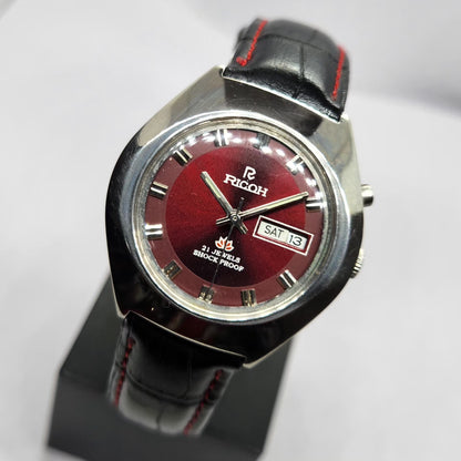 Vintage Ricoh R31 Automatic Red Face New Strap 21 Jewels Day-Date Men's Wrist Watch R65
