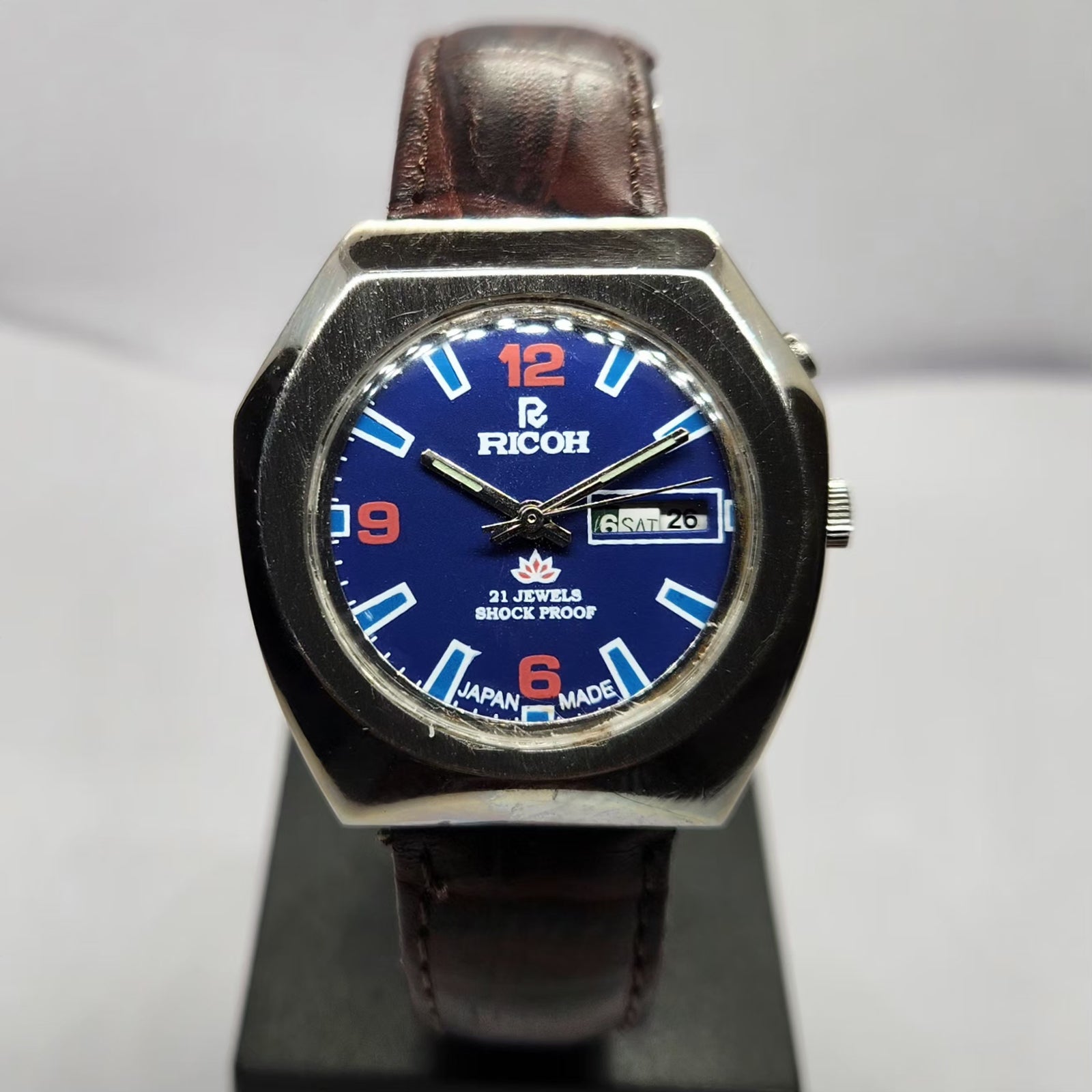 Vintage Ricoh R31 Automatic Blue Face New Strap 21 Jewels Day-Date Men's Wrist Watch R67