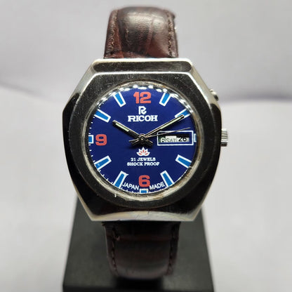 Vintage Ricoh R31 Automatic Blue Face New Strap 21 Jewels Day-Date Men's Wrist Watch R67