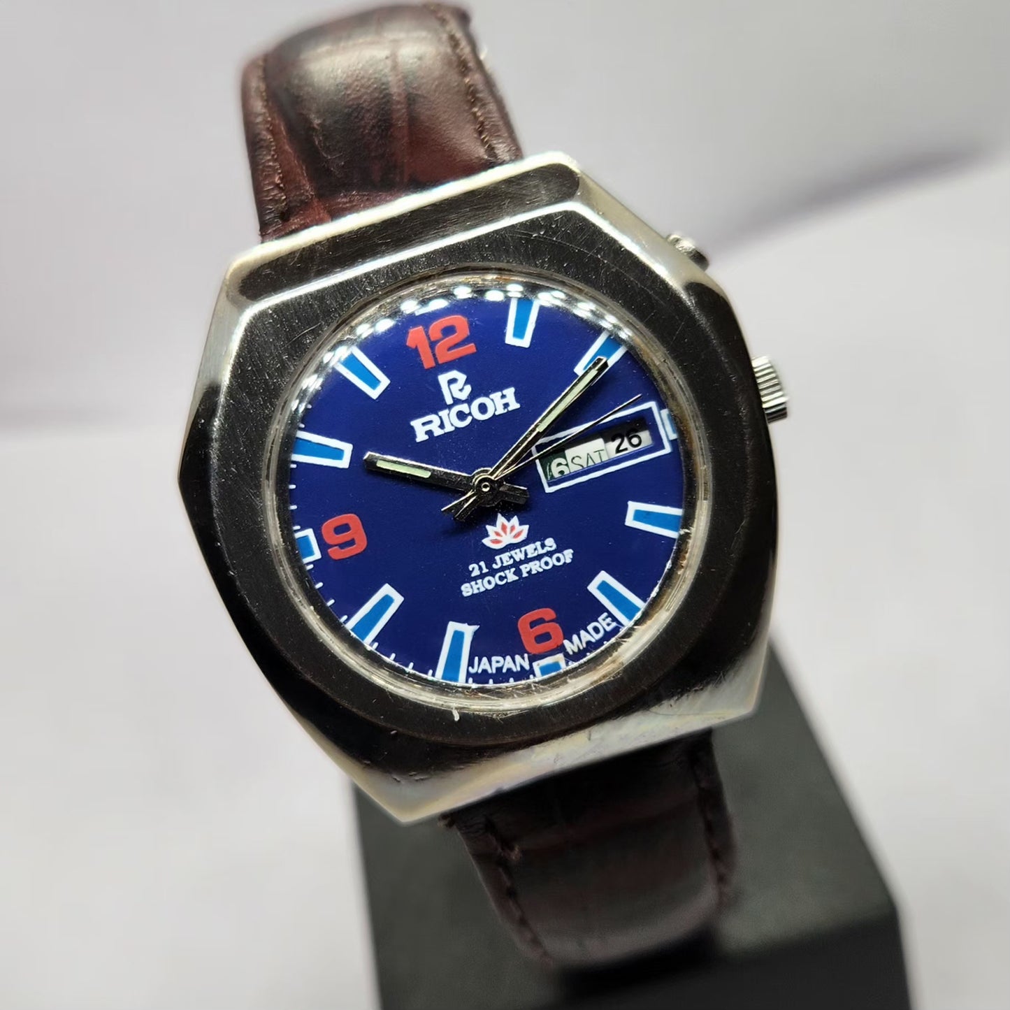 Vintage Ricoh R31 Automatic Blue Face New Strap 21 Jewels Day-Date Men's Wrist Watch R67