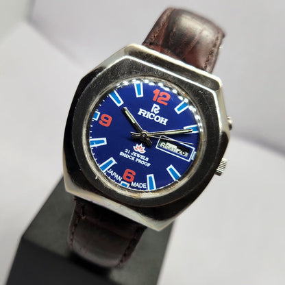 Vintage Ricoh R31 Automatic Blue Face New Strap 21 Jewels Day-Date Men's Wrist Watch R67