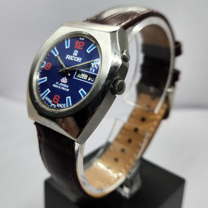 Vintage Ricoh R31 Automatic Blue Face New Strap 21 Jewels Day-Date Men's Wrist Watch R67