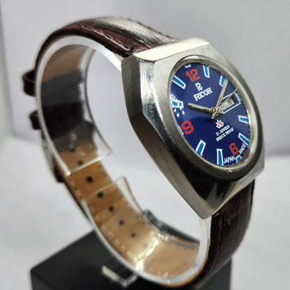 Vintage Ricoh R31 Automatic Blue Face New Strap 21 Jewels Day-Date Men's Wrist Watch R67