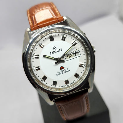 Vintage Ricoh R31 Automatic White Face New Strap 21 Jewels Day-Date Men's Wrist Watch R68