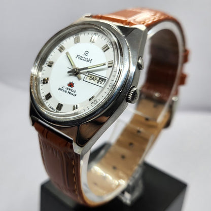 Vintage Ricoh R31 Automatic White Face New Strap 21 Jewels Day-Date Men's Wrist Watch R68