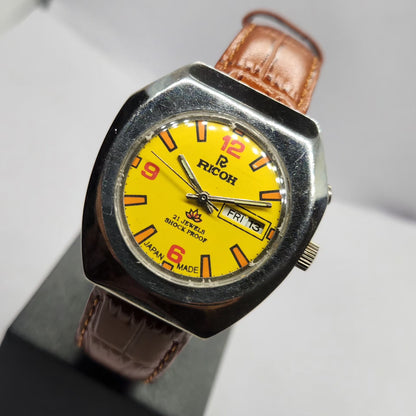 Vintage Ricoh R31 Automatic Yellow Face New Strap 21 Jewels Day-Date Men's Wrist Watch R71