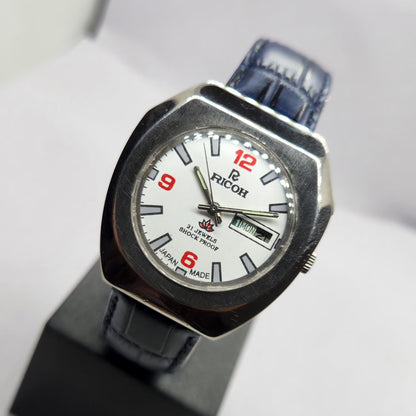 Vintage Ricoh R31 Automatic White Face New Strap 21 Jewels Day-Date Men's Wrist Watch R72