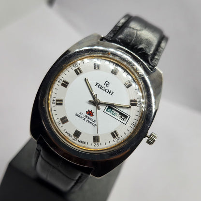 Vintage Ricoh R31 Automatic White Face New Strap 21 Jewels Day-Date Men's Wrist Watch R74