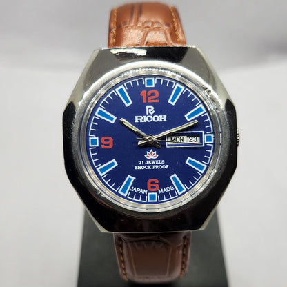 Vintage Ricoh R31 Automatic Blue Face New Strap 21 Jewels Day-Date Men's Wrist Watch R75