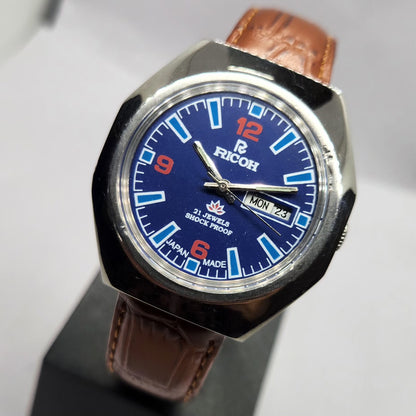 Vintage Ricoh R31 Automatic Blue Face New Strap 21 Jewels Day-Date Men's Wrist Watch R75
