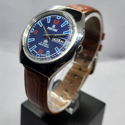Vintage Ricoh R31 Automatic Blue Face New Strap 21 Jewels Day-Date Men's Wrist Watch R75