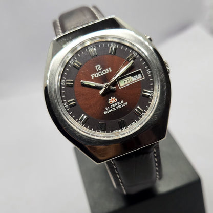 Vintage Ricoh R31 Automatic Brown Face New Strap 21 Jewels Day-Date Men's Wrist Watch R76