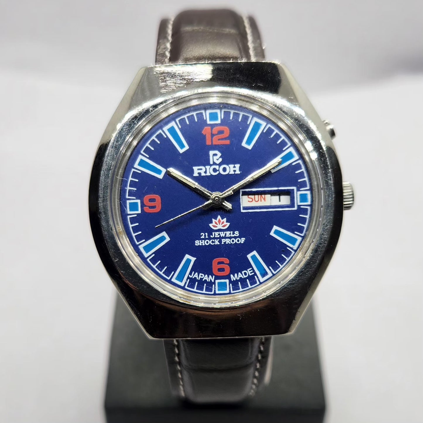 Vintage Ricoh R31 Automatic Blue Face New Strap 21 Jewels Day-Date Men's Wrist Watch R77