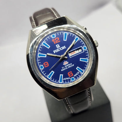 Vintage Ricoh R31 Automatic Blue Face New Strap 21 Jewels Day-Date Men's Wrist Watch R77