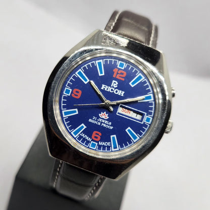 Vintage Ricoh R31 Automatic Blue Face New Strap 21 Jewels Day-Date Men's Wrist Watch R77