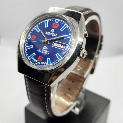 Vintage Ricoh R31 Automatic Blue Face New Strap 21 Jewels Day-Date Men's Wrist Watch R77