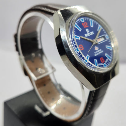 Vintage Ricoh R31 Automatic Blue Face New Strap 21 Jewels Day-Date Men's Wrist Watch R77