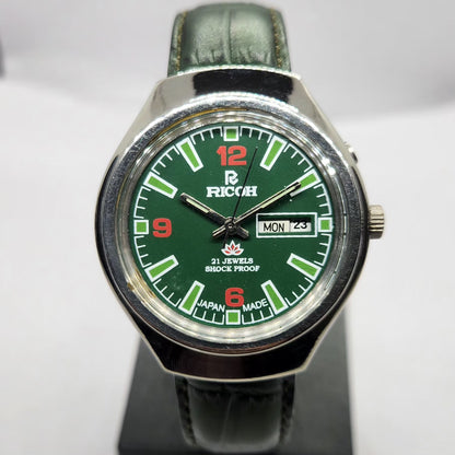 Vintage Ricoh R31 Automatic Green Face New Strap 21 Jewels Day-Date Men's Wrist Watch R79