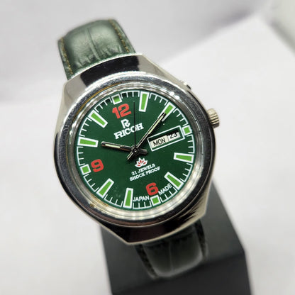 Vintage Ricoh R31 Automatic Green Face New Strap 21 Jewels Day-Date Men's Wrist Watch R79
