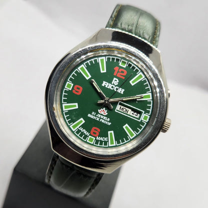 Vintage Ricoh R31 Automatic Green Face New Strap 21 Jewels Day-Date Men's Wrist Watch R79
