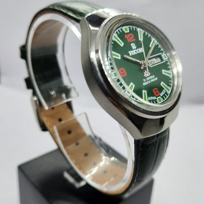 Vintage Ricoh R31 Automatic Green Face New Strap 21 Jewels Day-Date Men's Wrist Watch R79