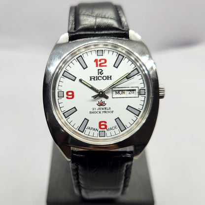 Vintage Ricoh R31 Automatic White Face New Strap 21 Jewels Day-Date Men's Wrist Watch R80