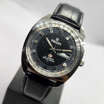 Vintage Ricoh R31 Automatic Black Face New Strap 21 Jewels Day-Date Men's Wrist Watch R81