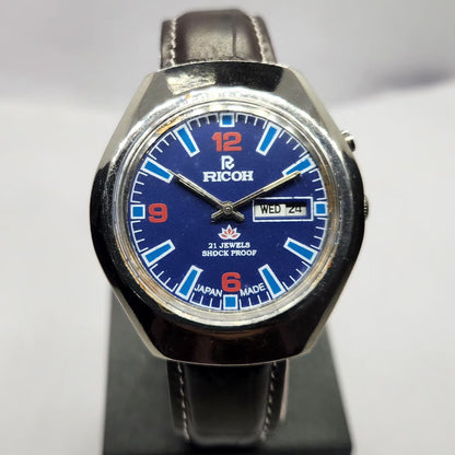 Vintage Ricoh R31 Automatic Blue Face New Strap 21 Jewels Day-Date Men's Wrist Watch R82