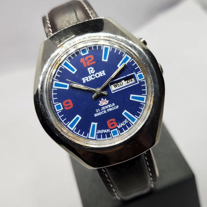 Vintage Ricoh R31 Automatic Blue Face New Strap 21 Jewels Day-Date Men's Wrist Watch R82