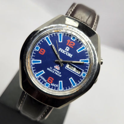 Vintage Ricoh R31 Automatic Blue Face New Strap 21 Jewels Day-Date Men's Wrist Watch R82