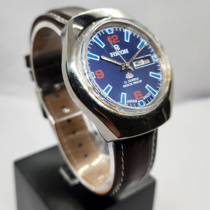 Vintage Ricoh R31 Automatic Blue Face New Strap 21 Jewels Day-Date Men's Wrist Watch R82