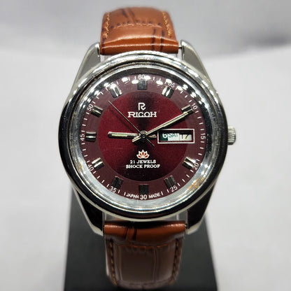 Vintage Ricoh R31 Automatic Red Face New Strap 21 Jewels Day-Date Men's Wrist Watch R84