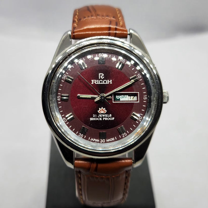 Vintage Ricoh R31 Automatic Red Face New Strap 21 Jewels Day-Date Men's Wrist Watch R84