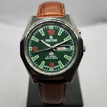 Vintage Ricoh R31 Automatic Green Face New Strap 21 Jewels Day-Date Men's Wrist Watch R85