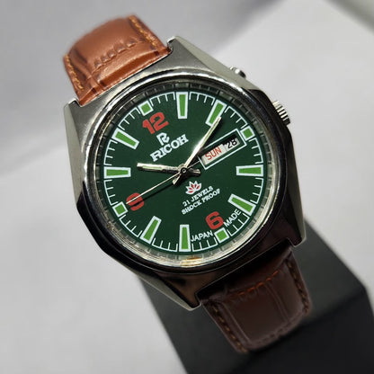 Vintage Ricoh R31 Automatic Green Face New Strap 21 Jewels Day-Date Men's Wrist Watch R85