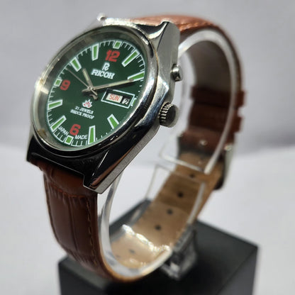 Vintage Ricoh R31 Automatic Green Face New Strap 21 Jewels Day-Date Men's Wrist Watch R85