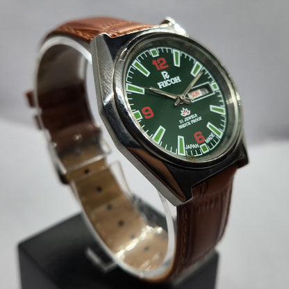 Vintage Ricoh R31 Automatic Green Face New Strap 21 Jewels Day-Date Men's Wrist Watch R85