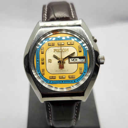 Vintage Ricoh R31 Automatic Gold Face New Strap 21 Jewels Day-Date Men's Wrist Watch R86