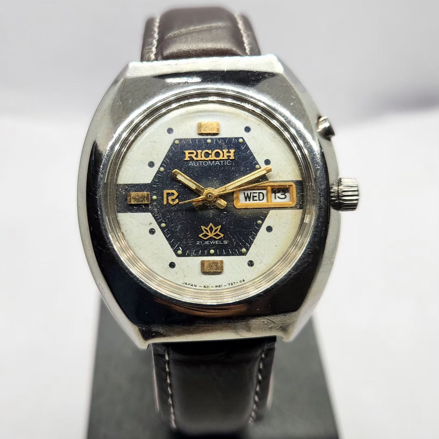 Vintage Ricoh R31 Automatic Blue/White Face New Strap 21 Jewels Day-Date Men's Wrist Watch R87