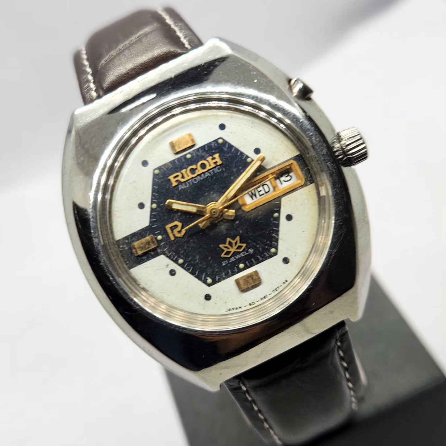 Vintage Ricoh R31 Automatic Blue/White Face New Strap 21 Jewels Day-Date Men's Wrist Watch R87