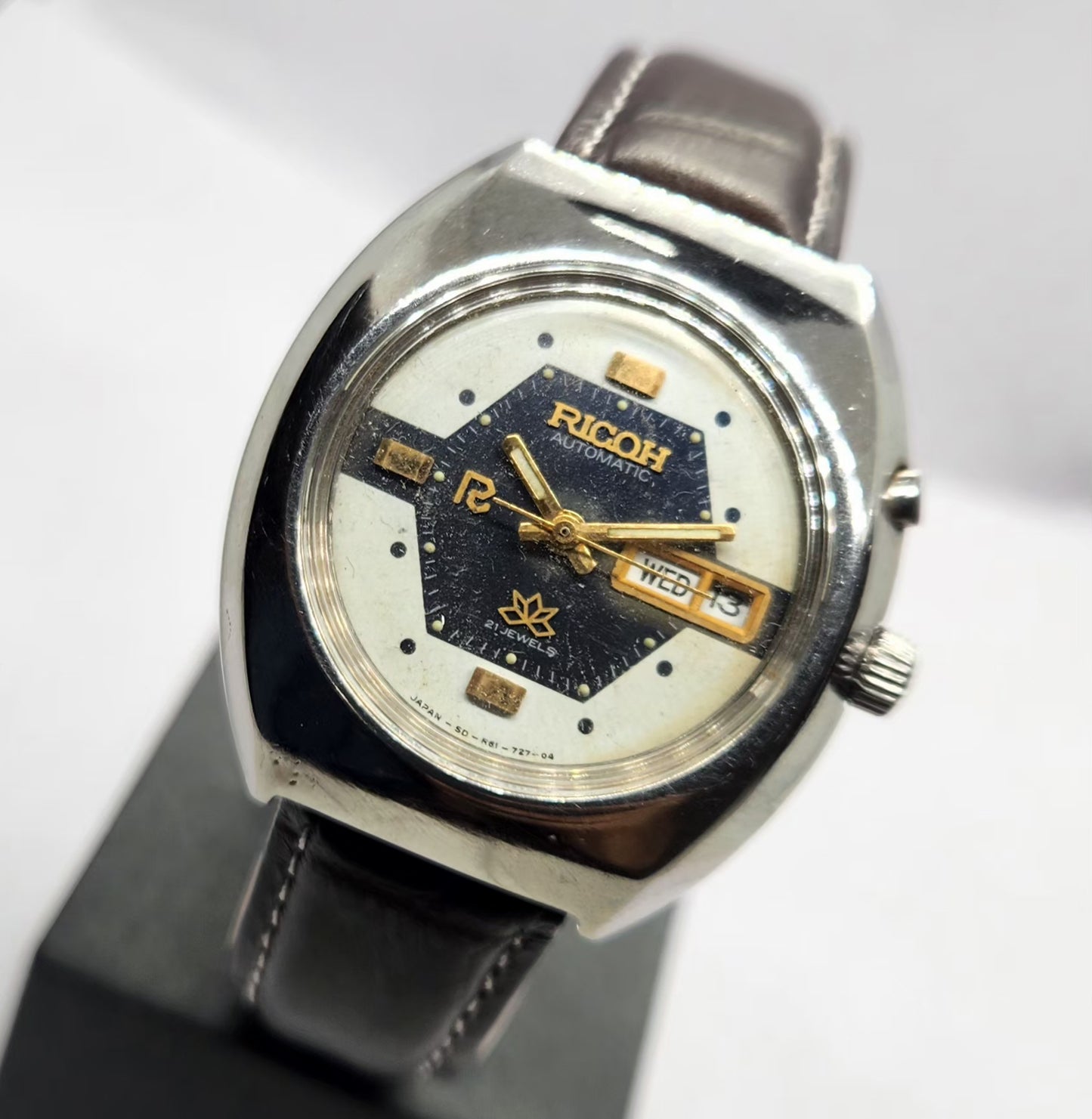 Vintage Ricoh R31 Automatic Blue/White Face New Strap 21 Jewels Day-Date Men's Wrist Watch R87