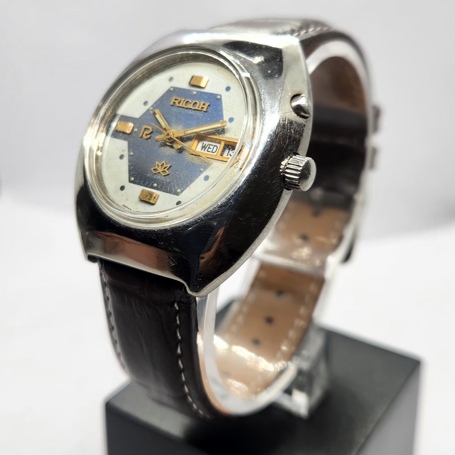 Vintage Ricoh R31 Automatic Blue/White Face New Strap 21 Jewels Day-Date Men's Wrist Watch R87