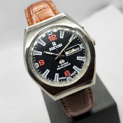 Vintage Ricoh R31 Automatic Black Face New Strap 21 Jewels Day-Date Men's Wrist Watch R88