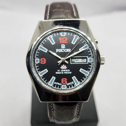 Vintage Ricoh R31 Automatic Black Face New Strap 21 Jewels Day-Date Men's Wrist Watch R89